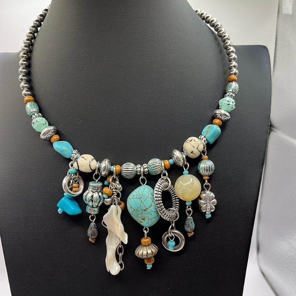 Turquoise Beads Brown Silvertone Beaded Statement Necklace Collar Style